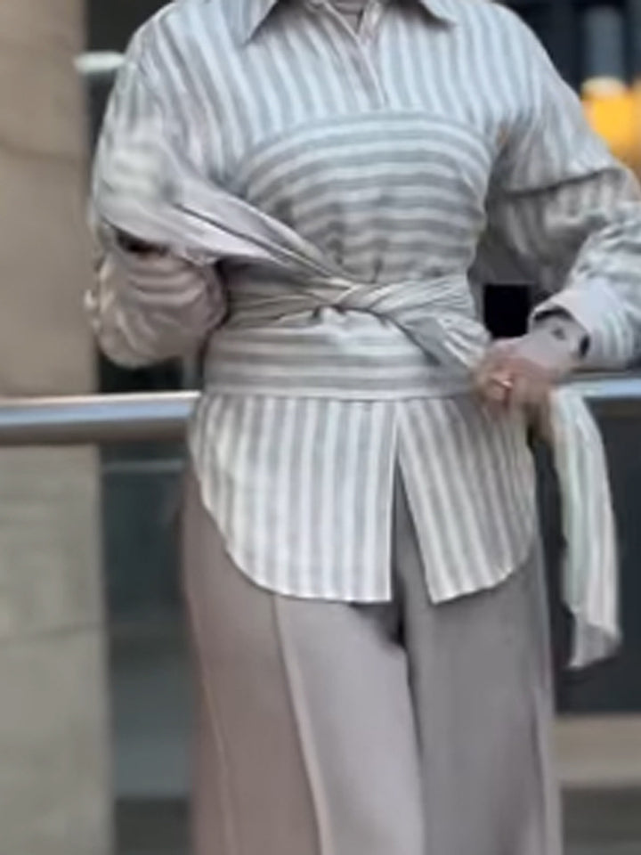 Women Striped Shirt Blouse with Waist Belt, Longer Hem and Side Slit Amarae