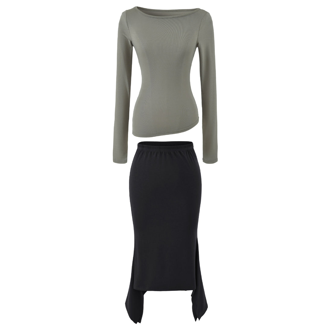Women's Two-Piece Set with Fitted Long Sleeve Top and Maxi Skirt with Slit Amarae