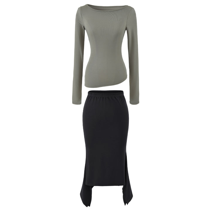 Women's Two-Piece Set with Fitted Long Sleeve Top and Maxi Skirt with Slit Amarae