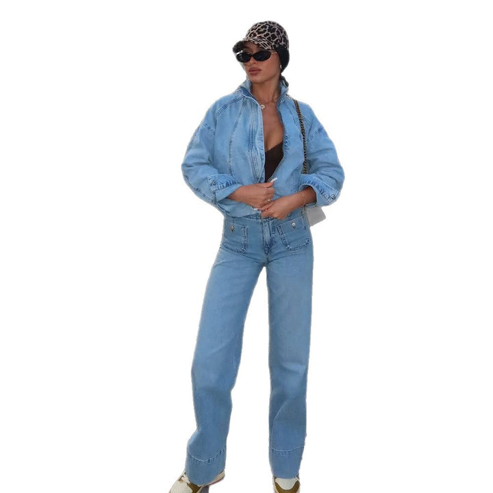 Women's Cropped Denim Jacket in Bomber Style with High Standing Collar and Oversized Sleeves Amarae