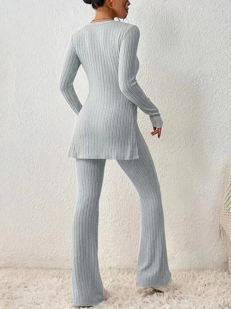 Lune London finely ribbed loungewear set for women with long sleeves and flared legs