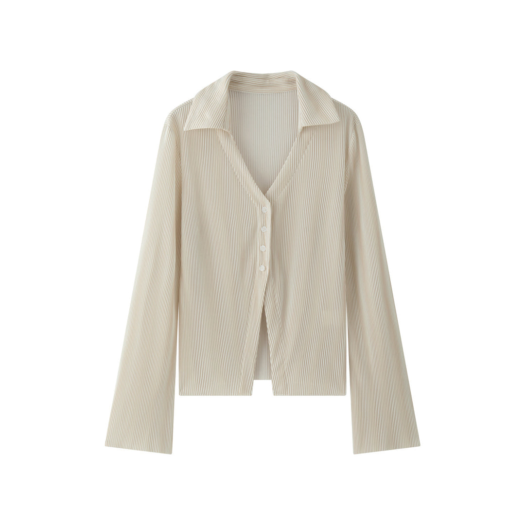 Women's Ribbed Pleated Shirt Blouse with V-Neck and Button Placket Amarae