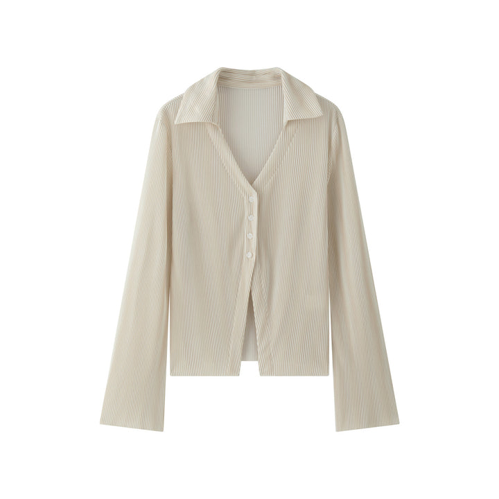 Women's Ribbed Pleated Shirt Blouse with V-Neck and Button Placket Amarae