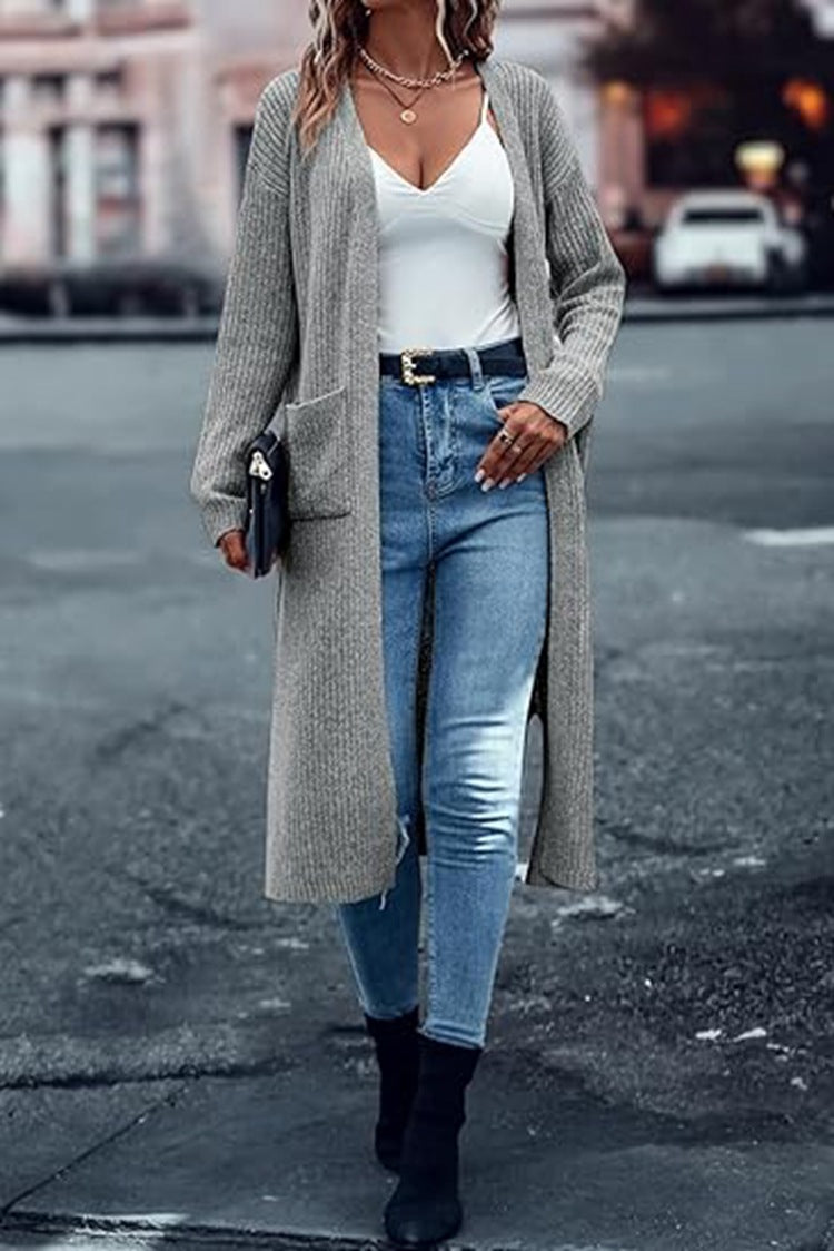 Long knit coat for women with structured design and practical pockets Lune London