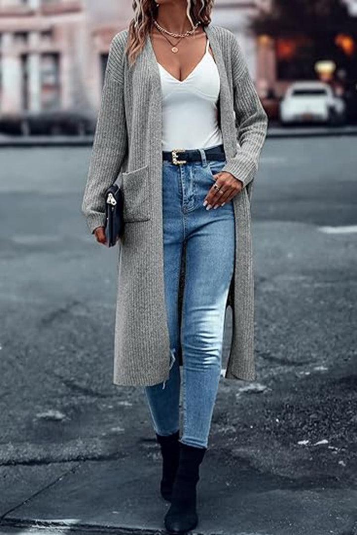 Long knit coat for women with structured design and practical pockets Lune London