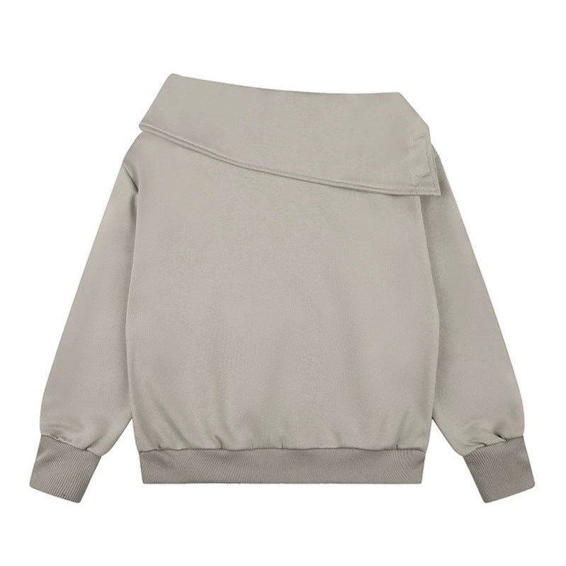 Women Asymmetric Sweatshirt with Wide Collar, Decorative Button Placket and Bead Application Amarae