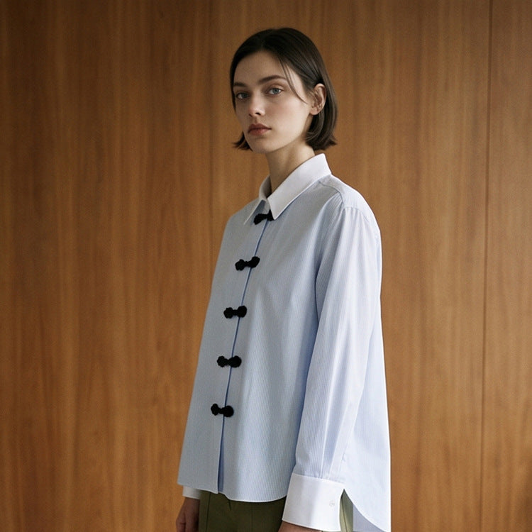 Women’s short cut poplin shirt blouse with stand-up collar and decorative cord knot closures Amarae
