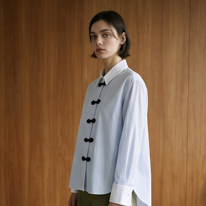 Women’s short cut poplin shirt blouse with stand-up collar and decorative cord knot closures Amarae