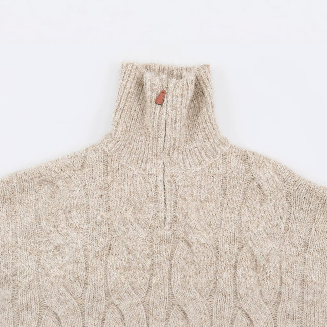 Women's Chunky Knit Long Sweater with Cable Pattern and Half-High Zip Collar Amarae