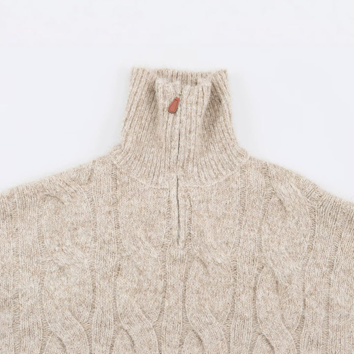 Women's Chunky Knit Long Sweater with Cable Pattern and Half-High Zip Collar Amarae