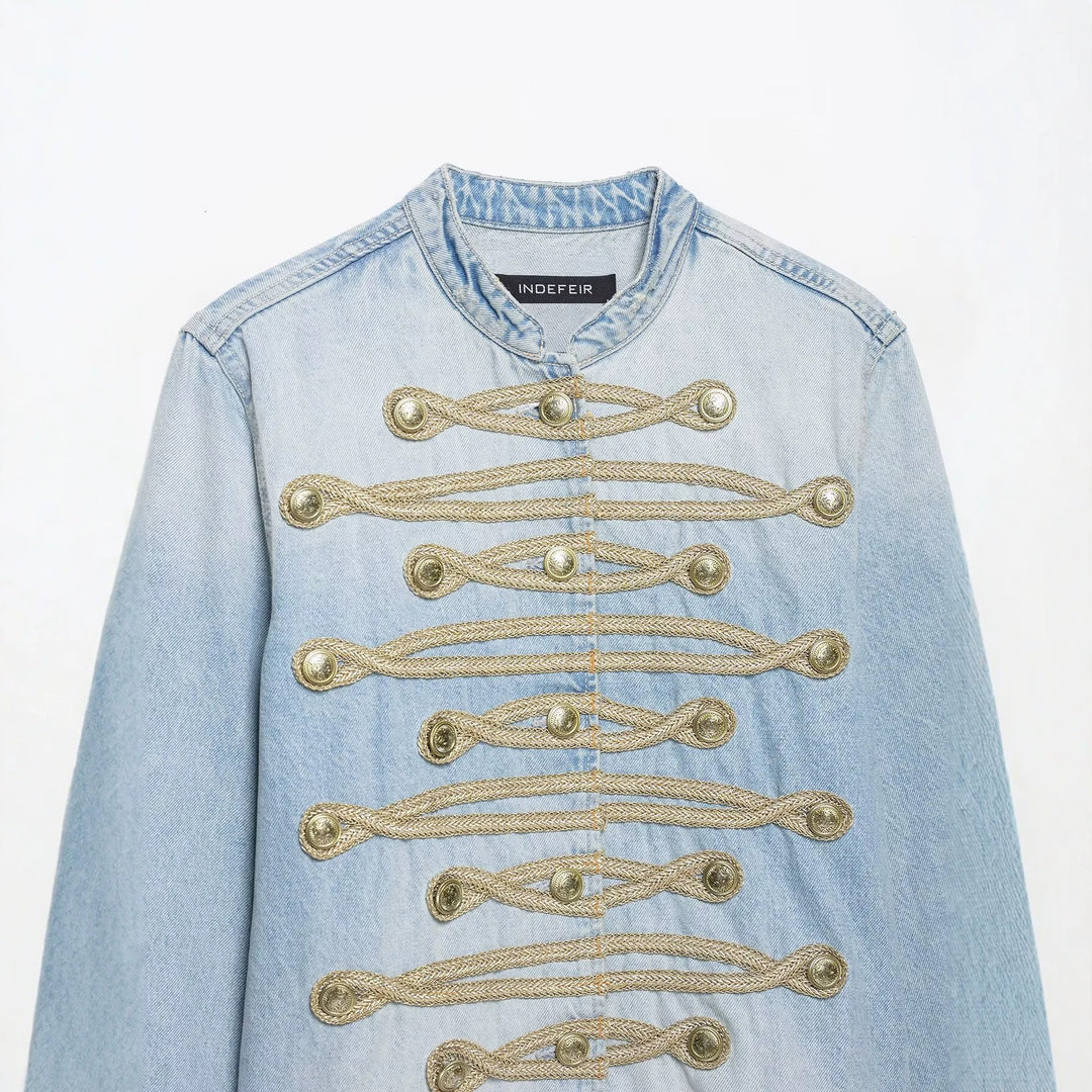 Women's short denim jacket in military style with cord appliqué and mandarin collar Amarae