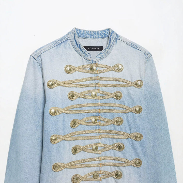 Women's short denim jacket in military style with cord appliqué and mandarin collar Amarae