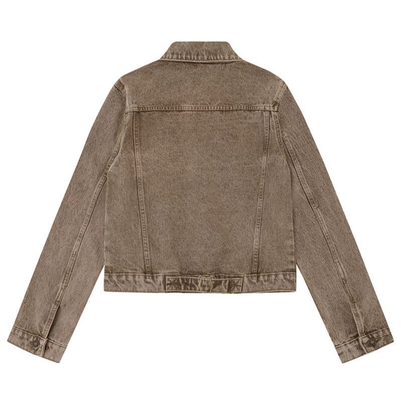Women's short vintage denim jacket with chest pockets, zipper detail and button placket Amarae