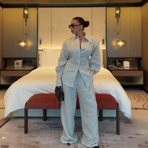 Women's Loose Linen Two-Piece with Boxy Shirt Blazer and Wide Palazzo Pants Amarae