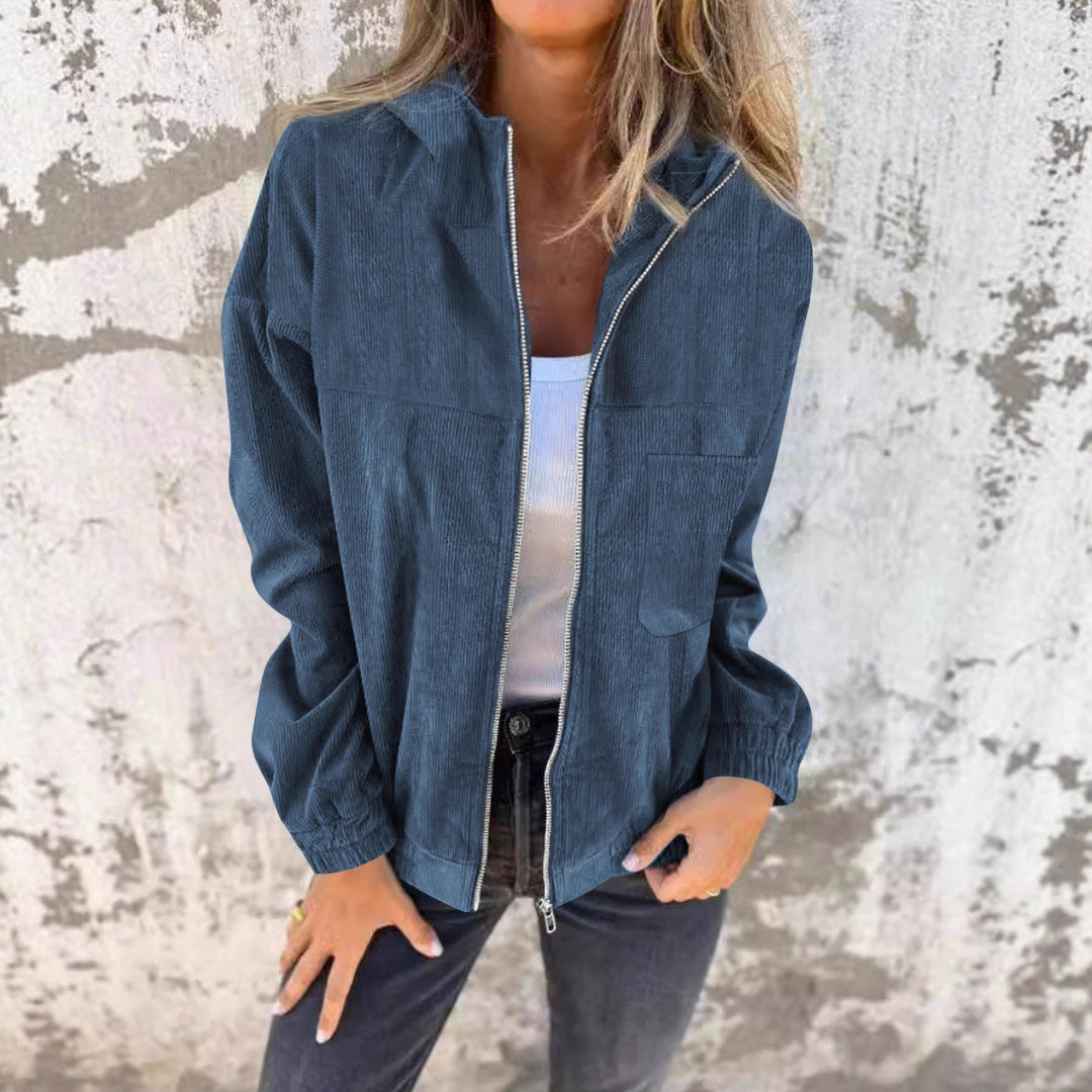 Cropped hooded jacket for women in high-quality corduroy fabric with practical pockets and elastic cuffs Lune London