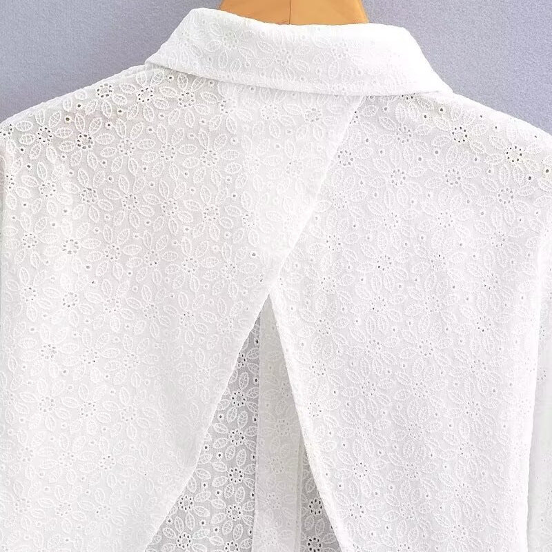 Women's Short-Cut Eyelet Embroidery Blouse with Shirt Collar and Long Ties Amarae