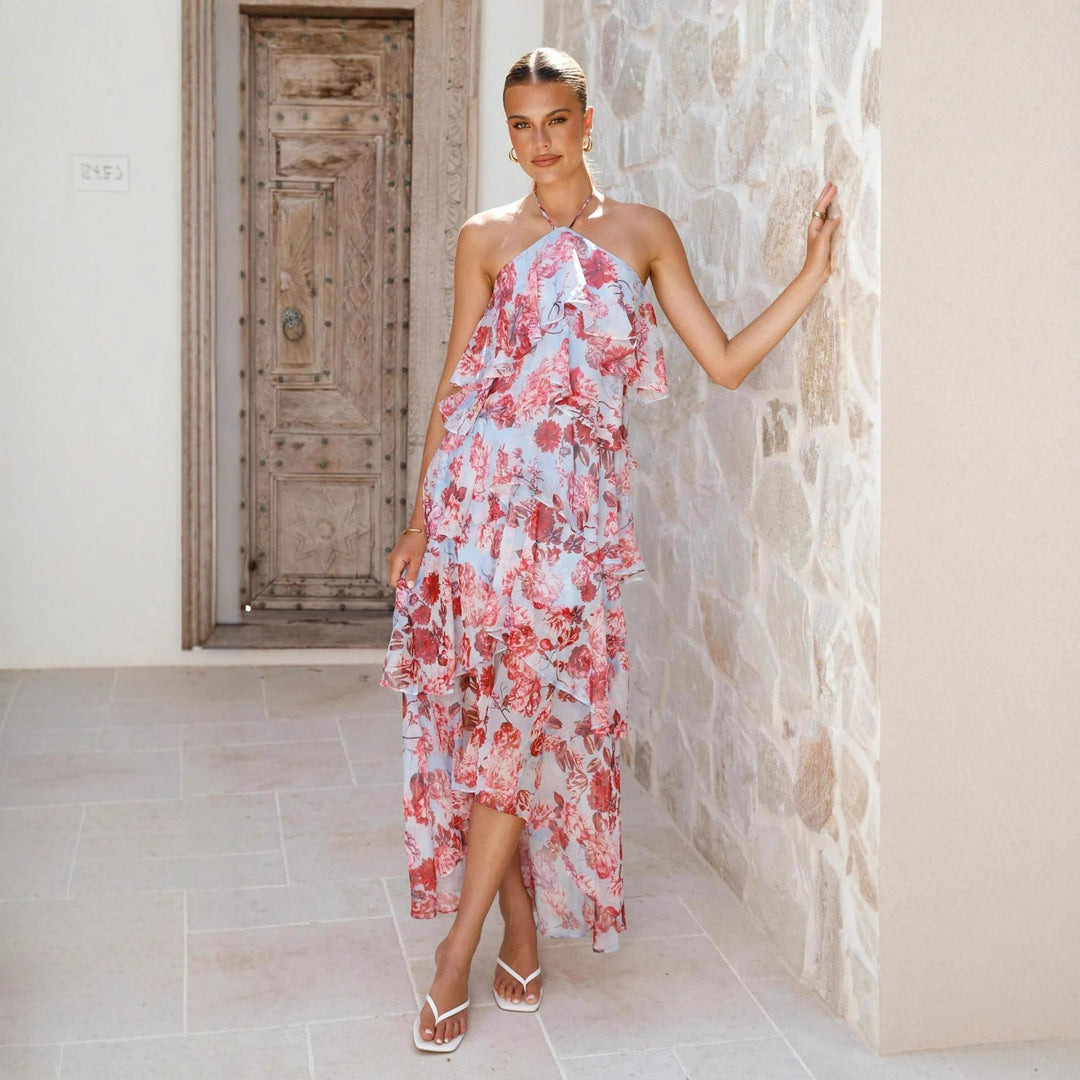 Chic & Stil Women's maxi dress with elegant overlay and floral ruffles