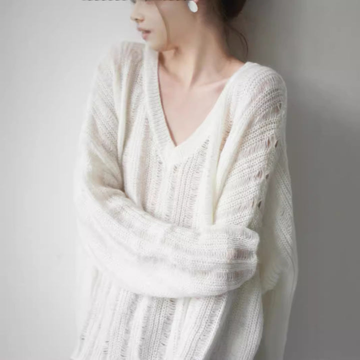 Pull en tricot épais pour femme avec col en V décontracté et structure tendance Chic & Stil