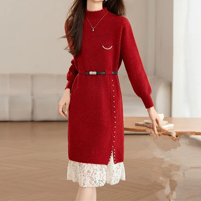 Women's knit dress with decorative button details and lace Lune London