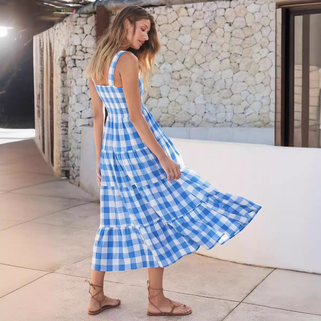 Ladies Summer Maxi Dress with Checked Design and Straps Lune London