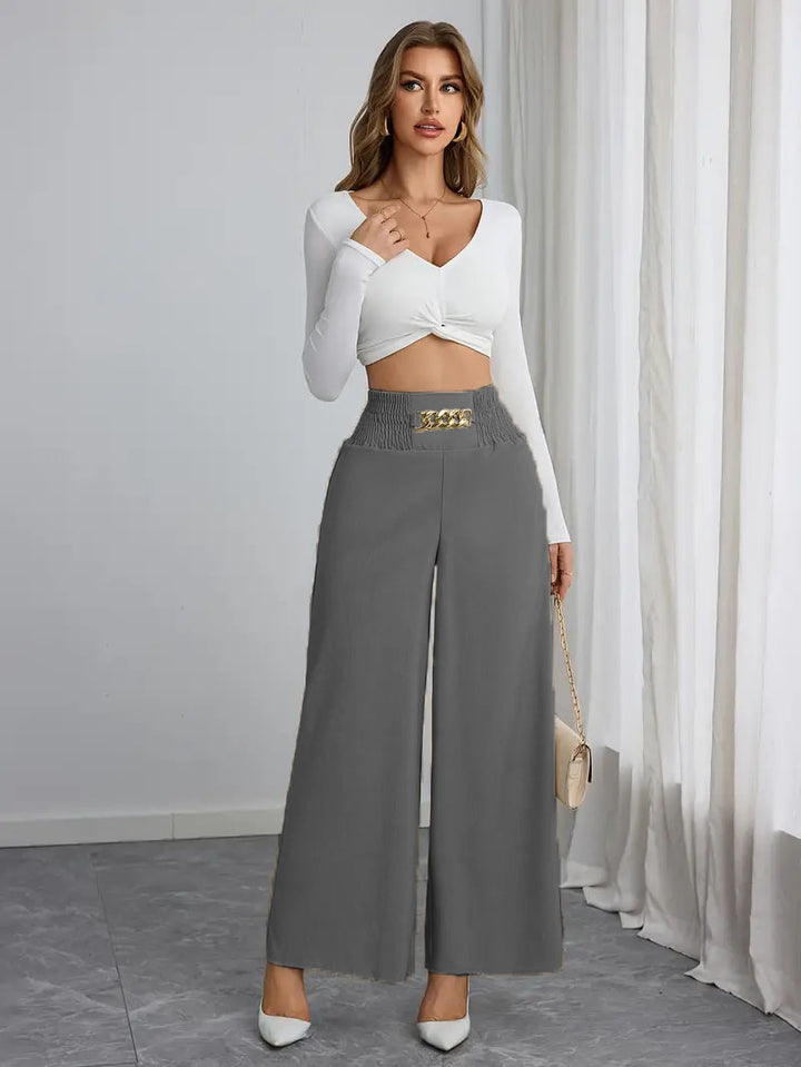 High-waisted wide-leg pants for women with decorative elastic and a trendy belt Lune London