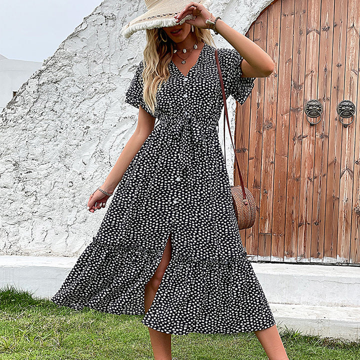 Lune London elegant polka dot maxi dress for women with adjustable waist tie
