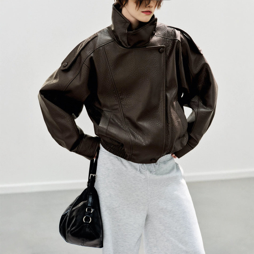 Men's short-cut leather jacket with high stand-up collar and ribbed hem Amarae