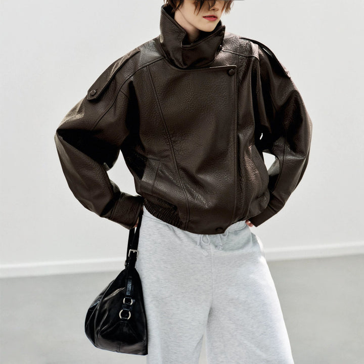 Men's short-cut leather jacket with high stand-up collar and ribbed hem Amarae