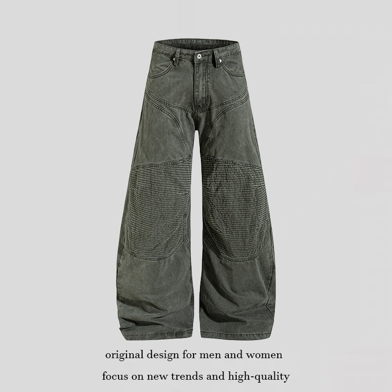 Women High-waisted wide Denim culotte pants with reinforced ribbed knee panels and patch stitching Amarae