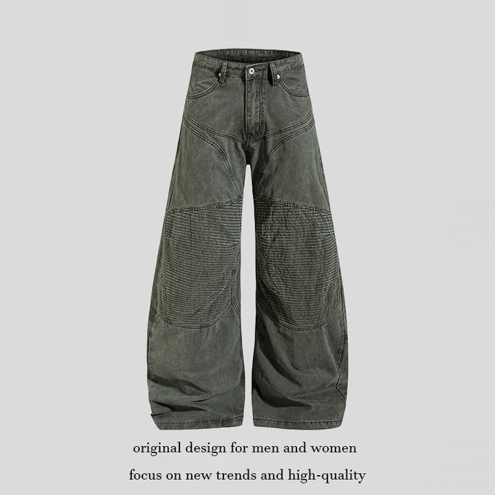 Women High-waisted wide Denim culotte pants with reinforced ribbed knee panels and patch stitching Amarae