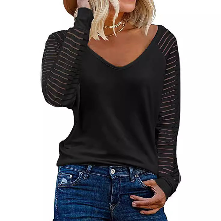 Woman V-neck top with transparent striped sleeves Lune London
