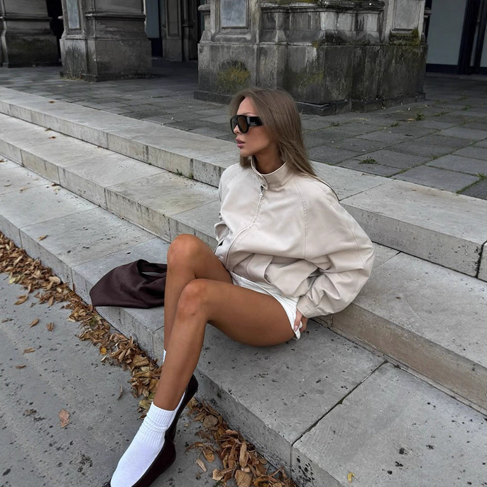 Women Lightweight Tailored Cropped Bomber with High Stand Collar and Raglan Sleeves Amarae