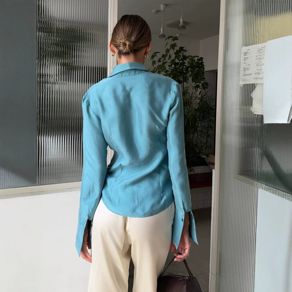 Women's satin blouse with tailored cut, shirt collar, and shaping seams Amarae