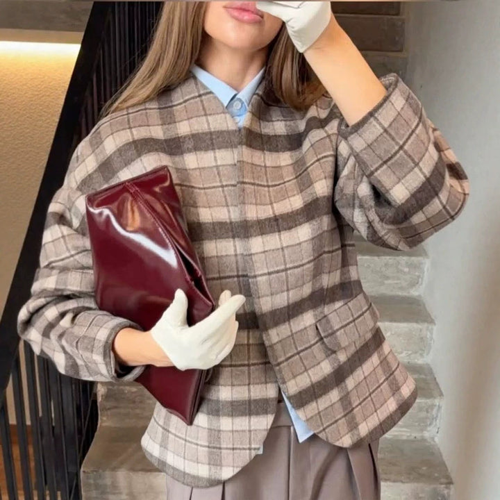 Women's Checked Boxy Blazer with Voluminous Balloon Sleeves Amarae
