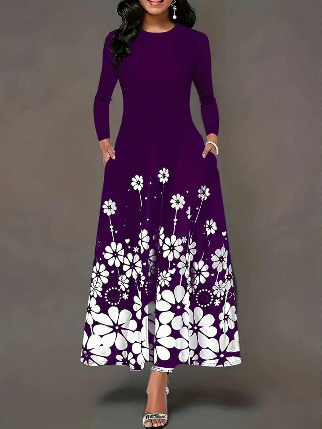 Maxi dress for women with floral design and practical side pockets Lune London