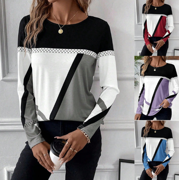 Women's Long Sleeve Shirt with Graphic Colorblock Design and Round Neck Amarae