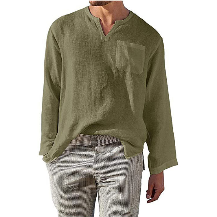 Men's Linen Long Sleeve Shirt with Henley Neckline and Chest Pocket Lune London