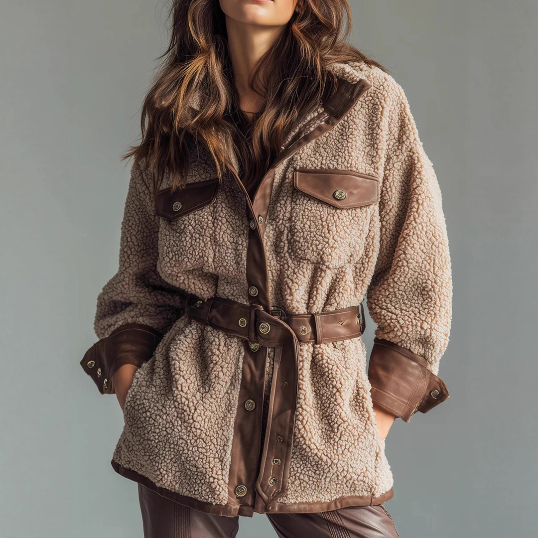 Teddy jacket for women with leather details and adjustable belt Lune London