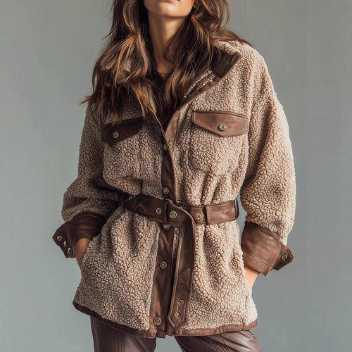 Teddy jacket for women with leather details and adjustable belt Amarae