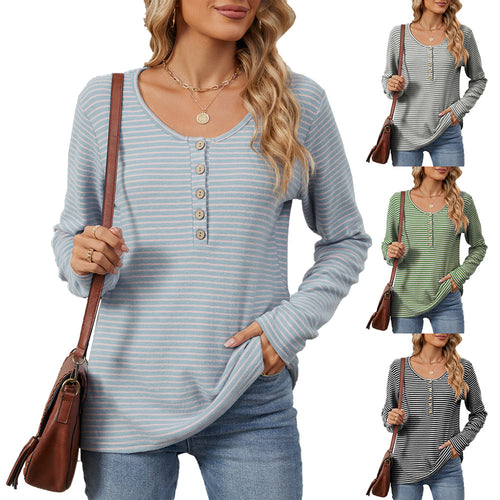 Striped long-sleeve T-shirt for women with button placket and casual fit Amarae