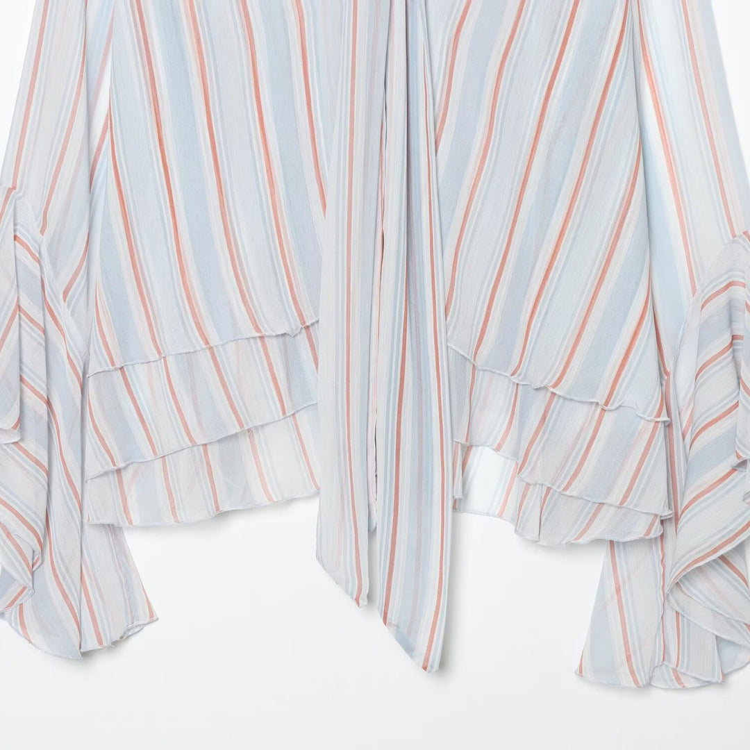 Women Striped Pullover Blouse with Tie and Ruffle Sleeves Amarae