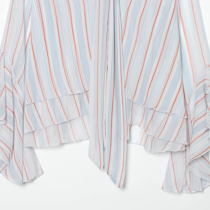 Women Striped Pullover Blouse with Tie and Ruffle Sleeves Amarae