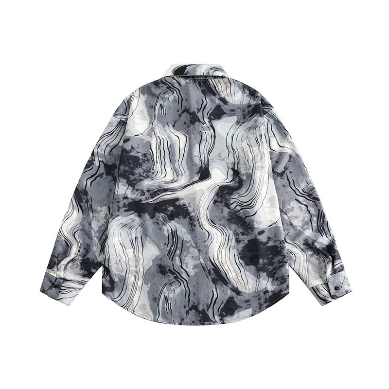 Unisex Boxy Overshirt Jacket with Marble Print and Traditional Toggle Closure Look Amarae