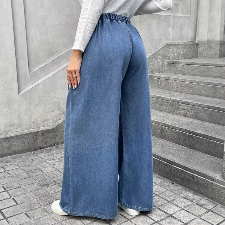 Women's Relaxed Palazzo Jeans with Drawstring Waist, Side Pockets and Extra Wide Leg Amarae