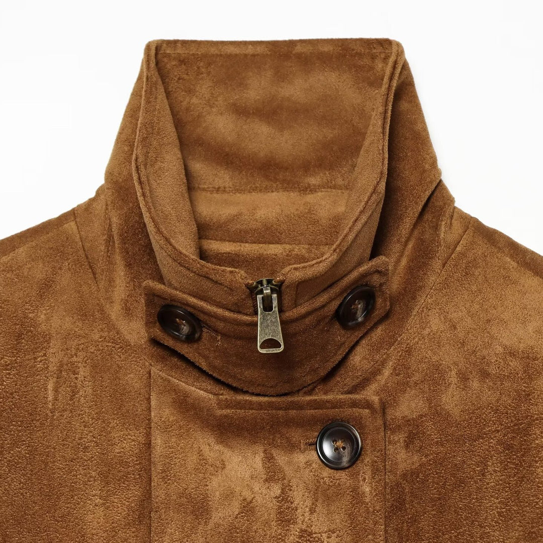 Women's short blouse jacket made of velour suede with button placket, concealed zipper, and elastic hem Amarae