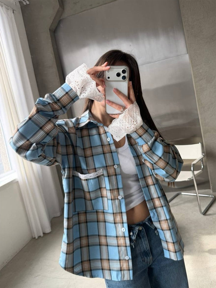 Women’s Oversize Checked Flannel Shirt with Lace Cuffs and Decorative Piping Amarae