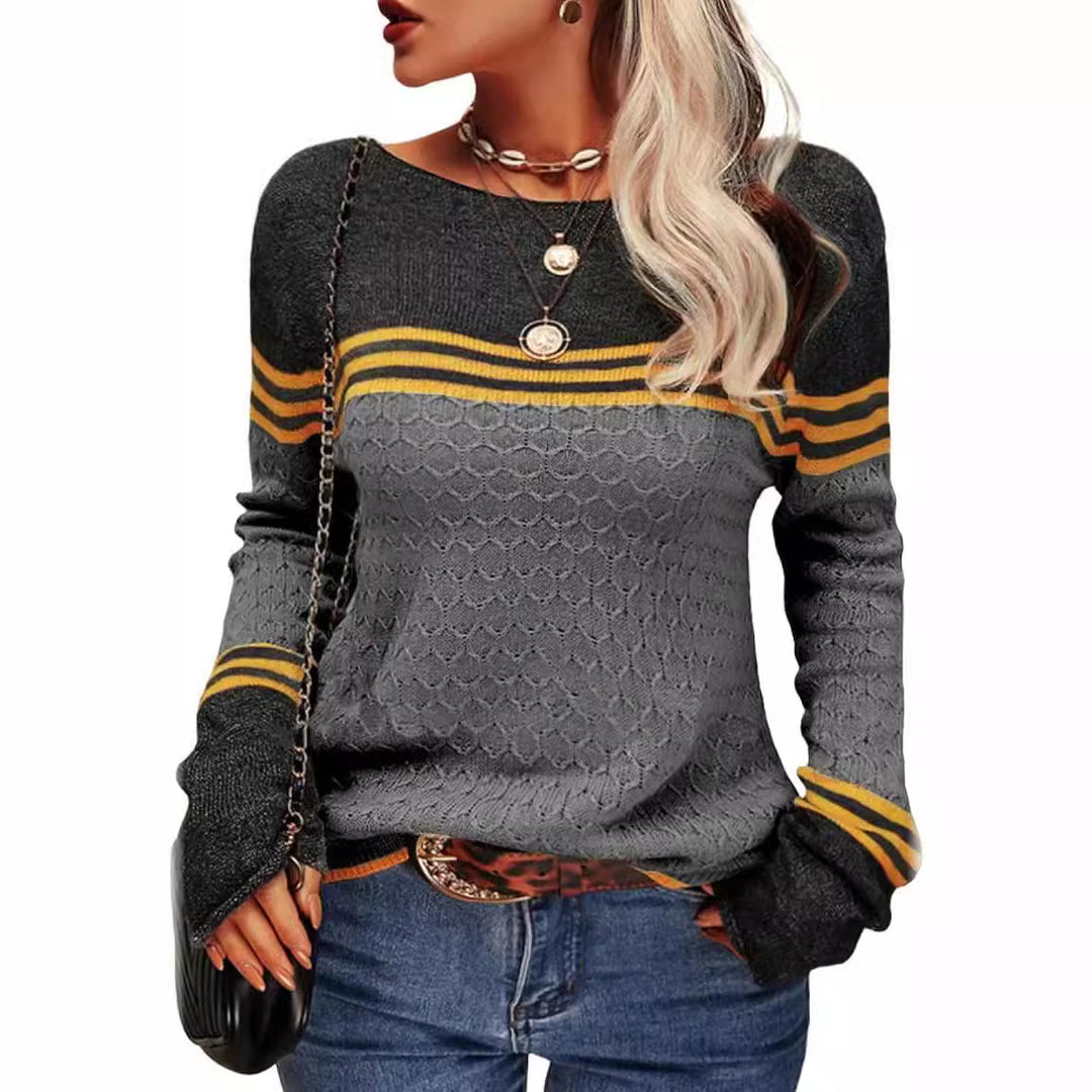 Pull tricoté décontracté pour femmes avec des blocs de couleur contrastants et une texture unique Chic & Stil