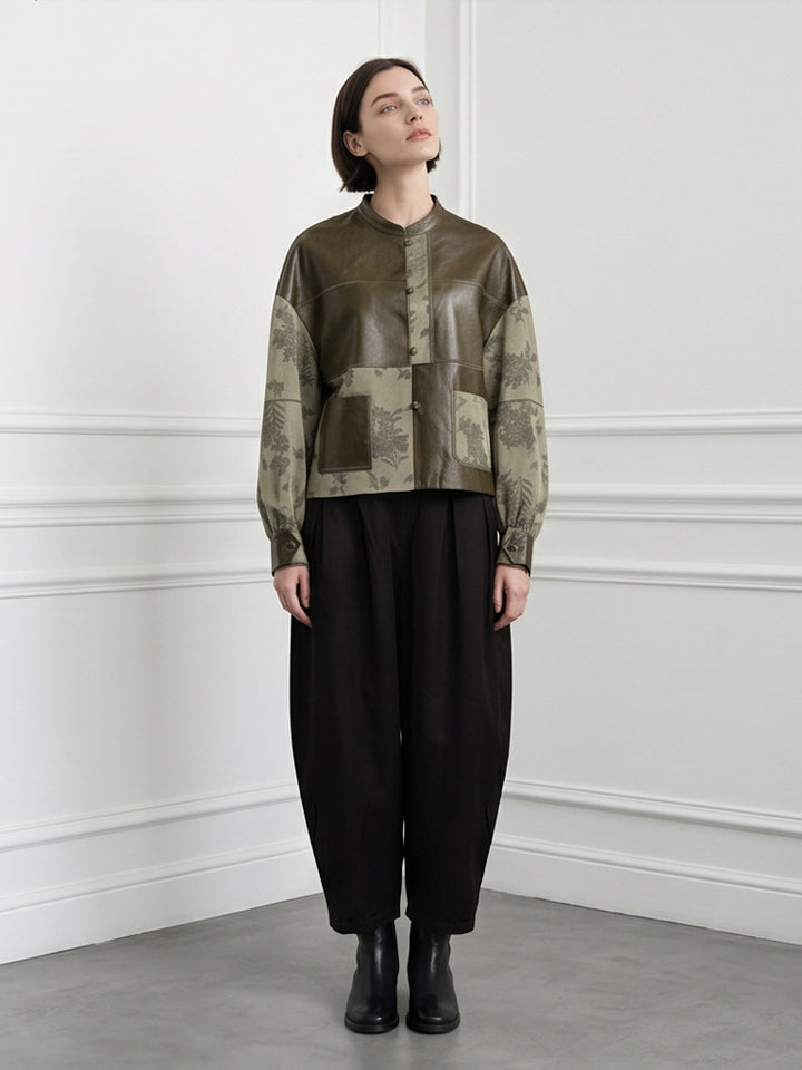 Women's short jacket in leather look and jacquard with stand-up collar Amarae