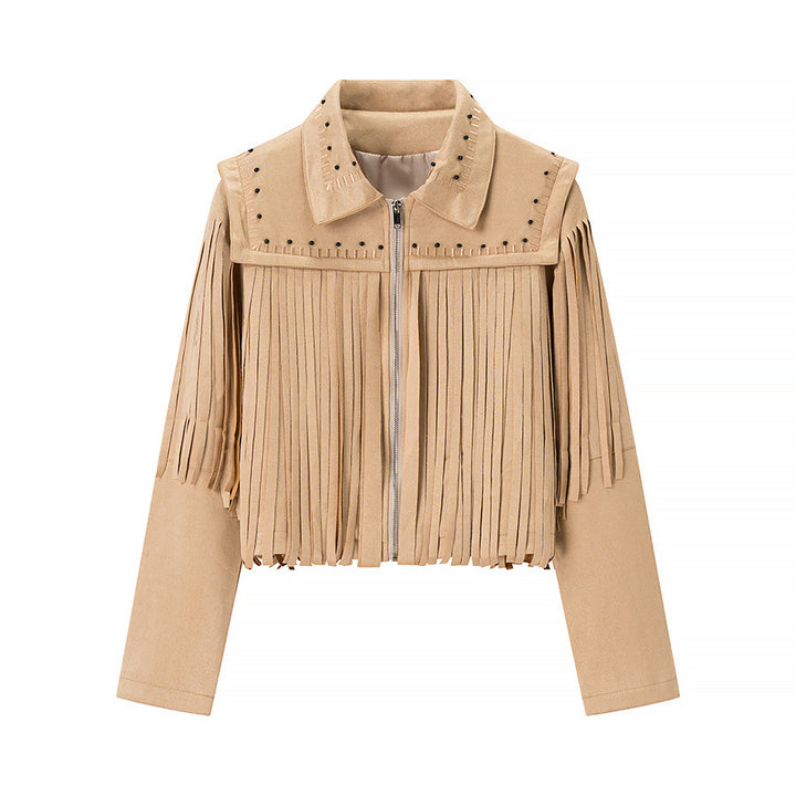 Fringed jacket for women with decorative studs and zipper Lune London