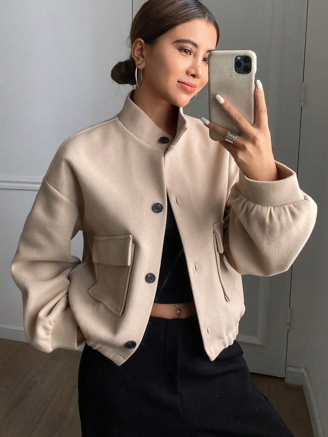 Fashionable short jacket for women with high collar and practical pockets Lune London